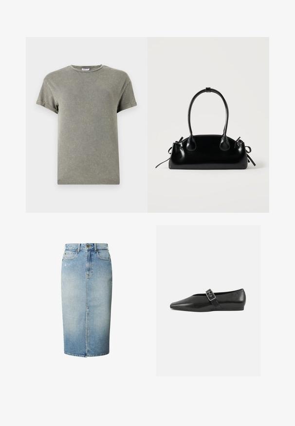 Ausgeblichendes grünes T-Shirt, kurze Ärmel, runder Ausschnitt, weiches Baumwollmaterial, leicht abgenutzte Textur, lässige Passform.; Hellblaue Jeans-Bleistiftrock mit Frontriss, Gürtelschlaufen, Knopfverschluss und Fünf-Taschen-Stil.; Schwarze Lederflachschuhe mit spitzem Zehenbereich, ausgestattet mit einem metallischen Riemen über dem Spann und einer niedrigen, flexiblen Sohle.; Kleine schwarze glänzende Handtasche mit zwei langen Griffen und seitlichen Kordelzug-Details vor einfachem hellem Hintergrund.