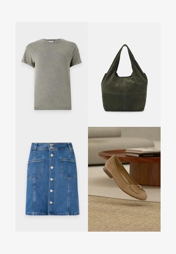 Faded roheline T-särk, lühikesed varrukad, ümar kaelus, pehme puuvillane materjal, veidi kulunud tekstuur, lõdva istuvusega.; Denim seelik kinnise vöökohtaga, A-line-kujuga ja eest nupuga sulgemisega. Omab kahte suurt taskut, keskmise sinise pesu ja kergete kulumismärgiga.; Beežist seemisnahast baleriinikingad paelaga, hõljuvad tekstuurse vaiba, ümar puidust kohvilauda ja pehmes elutoas kuhjatud raamatute kohal.; Tumes roheline nubuk nahk käekott, millel on laialdane ja pehme kujundus, laiade ja pehmete sangadega ning siledast tekstuurist. Minimalistlik konstruktsioon ilma nähtava metallosadega.