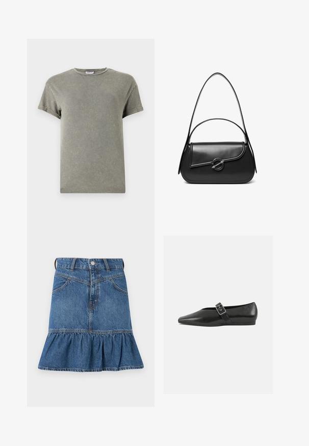 Ausgeblichendes grünes T-Shirt, kurze Ärmel, runder Ausschnitt, weiches Baumwollmaterial, leicht abgenutzte Textur, lässige Passform.; Jeansrock, blau, mit tailliertem Bund, fünf Taschen und einem ausladenden Rüschensaum am Saum. Enthält einen Metallknopf und einen Reißverschluss.; Schwarze Lederflachschuhe mit spitzem Zehenbereich, ausgestattet mit einem metallischen Riemen über dem Spann und einer niedrigen, flexiblen Sohle.; Schwarze Lederschultertasche mit einer geschwungenen Klappe, die durch einen runden Metallverschluss gesichert ist, und einem schlanken, verstellbaren Riemen.