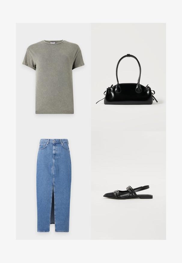 Camiseta verde desvanecida, de manga corta, con cuello redondo, material de algodón suave, textura ligeramente desgastada, corte casual.; Falda midi de mezclilla azul claro con una abertura frontal, diseño clásico de cinco bolsillos y cierre con botón en la parte superior. La tela tiene una ligera textura.; Even&Odd by Zalando Bailarinas con tira trasera - black; Pequeño bolso negro brillante con dos asas largas y detalles de cordón lateral sobre un fondo claro liso.