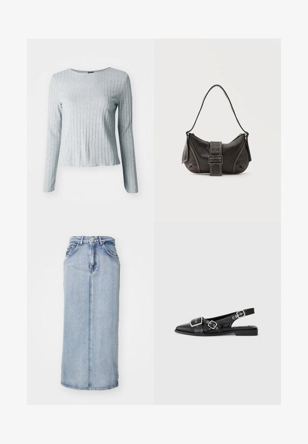 Haut à manches longues gris côtelé avec un col rond, fabriqué en tissu doux et texturé ; présente un ourlet légèrement évasé pour un ajustement décontracté.; Jupe midi en denim bleu clair avec une taille ajustée, une couture frontale et des poches latérales ; présente une texture légèrement délavée.; Chaussure slingback en cuir noir avec un bout pointu, deux boucles en argent et un petit talon carré. Présente un dessus texturé et un dos ouvert.; Sac à épaule en cuir noir avec une sangle à boucle, des bords arrondis et des coutures blanches contrastées sur un fond uni.