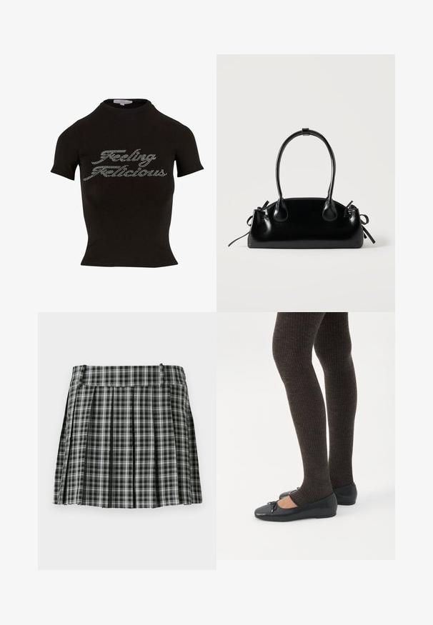 Zwarte T-shirt met korte mouwen en een hoge hals, met steentjes text die "Feeling Flicious" op de voorkant leest. Zacht materiaal.; Zwart-wit geruite geplisseerde rok met een gladde tailleband en meerdere verticale plooien. Gemaakt van lichte stof.; Benen met donkere geribbelde leggings gecombineerd met zwarte ballerina's met kleine strikdetails op een witte achtergrond.; Kleine zwarte glanzende handtas met twee lange hengsels en zijkant trekkoord details op een effen lichte achtergrond.