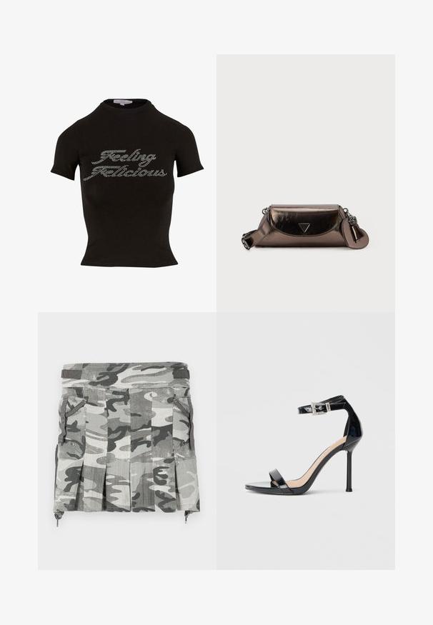 Zwarte T-shirt met korte mouwen en een hoge hals, met steentjes text die "Feeling Flicious" op de voorkant leest. Zacht materiaal.; Een rok met camouflagepatroon in grijstinten en zwart, met plooien, twee zijzakken en een rits sluiting aan de onderkant.; Zwarte sandalen met hoge hak van lakleer en een enkelriempje. Heeft een minimalistisch ontwerp, open teen en een gesp met strass-steentjes.; Metaalachtige bronzen cilindervormige schoudertas met verstelbare strap, voorklep, driehoekig logo en een bevestigd hartvormig sleutelhanger.