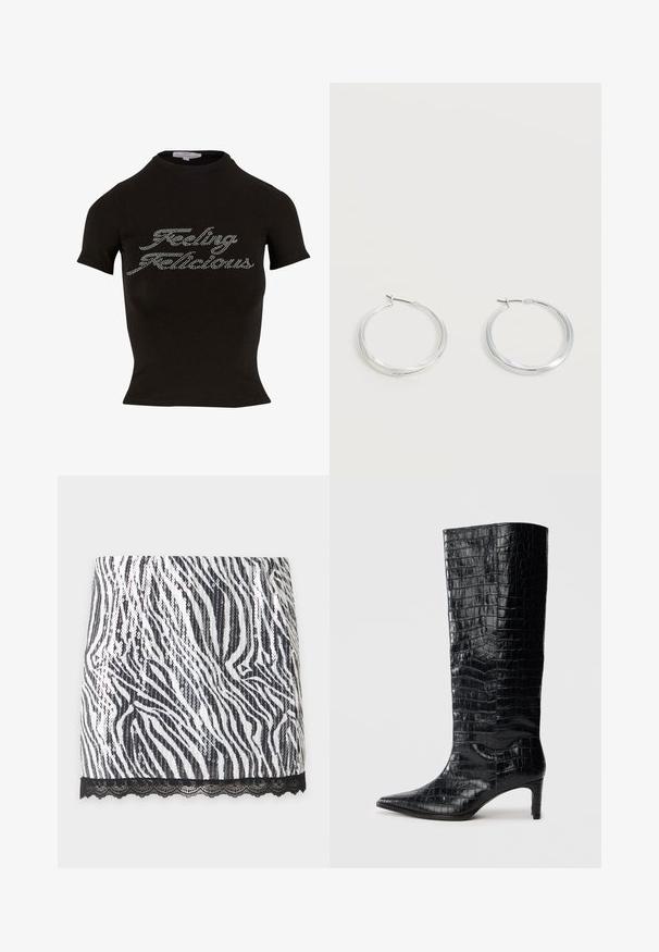 Zwarte T-shirt met korte mouwen en een hoge hals, met steentjes text die "Feeling Flicious" op de voorkant leest. Zacht materiaal.; Zwart-witte zebraprint minirok met pailletten en een zwarte kanten rand aan de zoom, getoond op een effen achtergrond.; Zwarte knielaarzen met een glanzende, krokodillenpatroonstructuur, een puntige neus en een taps toelopende hak. Gladde synthetische materiaal.; Zilverkleurige metalen creolen oorbellen met een glad, licht gebogen oppervlak en sluitingen met haaksluiting op een effen witte achtergrond.