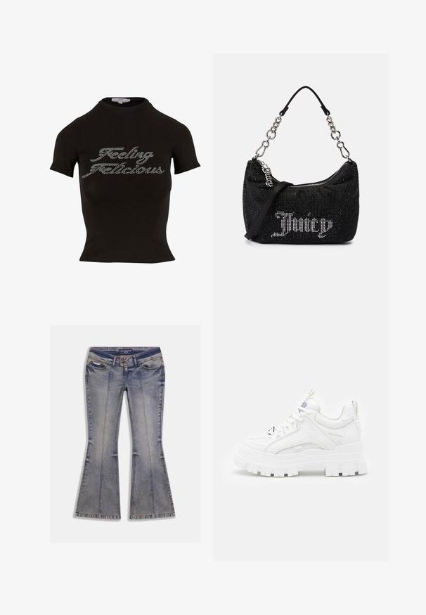Zwarte T-shirt met korte mouwen en een hoge hals, met steentjes text die "Feeling Flicious" op de voorkant leest. Zacht materiaal.; Uitlopende spijkerbroek in lichtblauw met vervaagde plekken, voorzakken en contrasterende stiksels. Voorzien van een ritsvlieg en een merkband aan de taille.; Witte chunky sneakers met een textuur bovenkant, gevoerde kraag en dikke, gegroefde zool. Voorzien van contrasterende zwarte veters en merkaanduiding.; Zwarte tas met rhinestone versieringen, een gebogen vorm en een zilveren kettinghandvat. Voorzien van een rits en het "Juicy" logo in het wit.