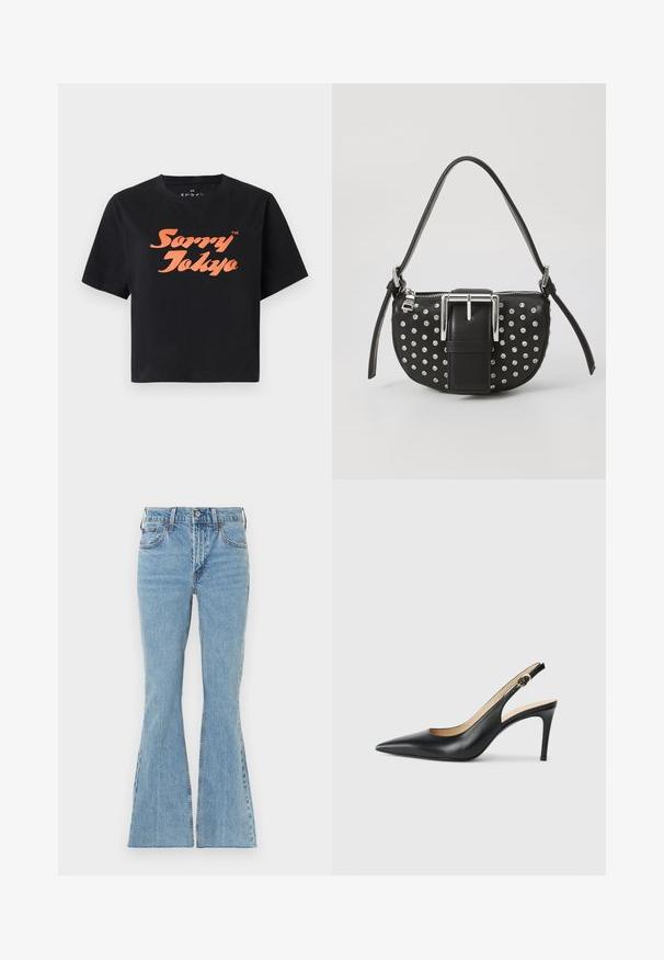 Μαύρο T-shirt με κοντά μανίκια και πορτοκαλί κείμενο «Sorry Tokyo» σε στυλιζαρισμένη γραμματοσειρά, στο κέντρο του μπροστινού μέρους.; Ανοιχτό μπλε τζιν καμπάνα με ψηλή μέση, που διαθέτει κλείσιμο με κουμπί στο μπροστινό μέρος, πέντε τσέπες και διακριτικό ξεθώριασμα στους μηρούς.; Μαύρες δερμάτινες γόβες slingback με μυτερή μύτη, ρυθμιζόμενο λουράκι και κομψό τακούνι στιλέτο, με λείες επιφάνειες.; Μαύρη δερμάτινη τσάντα χεριού με καμπυλωτό σχήμα, διακοσμημένη με ασημένια τρουκς και μια έντονη ασημένια αγκράφα στο μπροστινό μέρος. Συμπεριλαμβάνεται ρυθμιζόμενος ιμάντας.