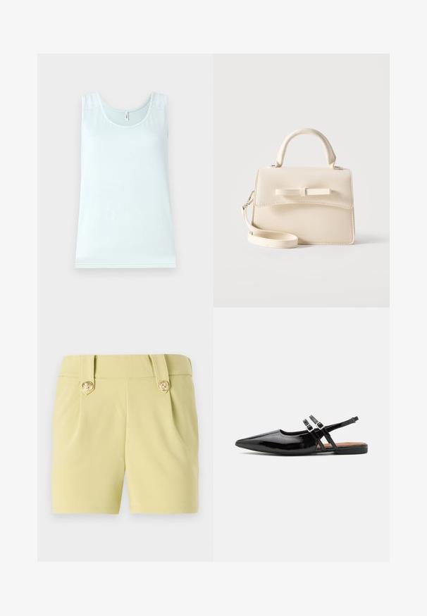 Débardeur bleu clair avec un col rond, avec des accents en dentelle sur les épaules, fabriqué à partir d'un tissu doux et lisse. Design simple sans manches.; Shorts jaune clair en tissu lisse, avec deux plis à l'avant et des boutons décoratifs dorés sur la taille. Design ajusté.; Des chaussures slingbacks en cuir verni noir présentent un bout pointu, deux sangles avec des accents de boucle, et une semelle plate.; Petit sac à main beige avec poignée supérieure, bandoulière amovible, rabat avant et nœud horizontal décoratif sur un fond uni.