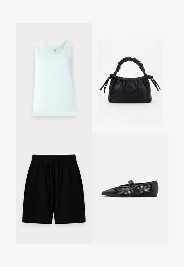 Débardeur bleu clair avec un col rond, avec des accents en dentelle sur les épaules, fabriqué à partir d'un tissu doux et lisse. Design simple sans manches.; Shorts noirs en tissu léger avec une ceinture à cordon de serrage, comportant des poches latérales et une surface texturée.; Chaussure plate noire avec un bout pointu, panneaux latéraux en maille et une sangle avec une boucle décorative. Fini lisse sur les sections du bout et du talon.; Sac à main noir avec texture crocodile, bord supérieur froncé, poignée plissée et pompons à cordon de chaque côté sur fond blanc.