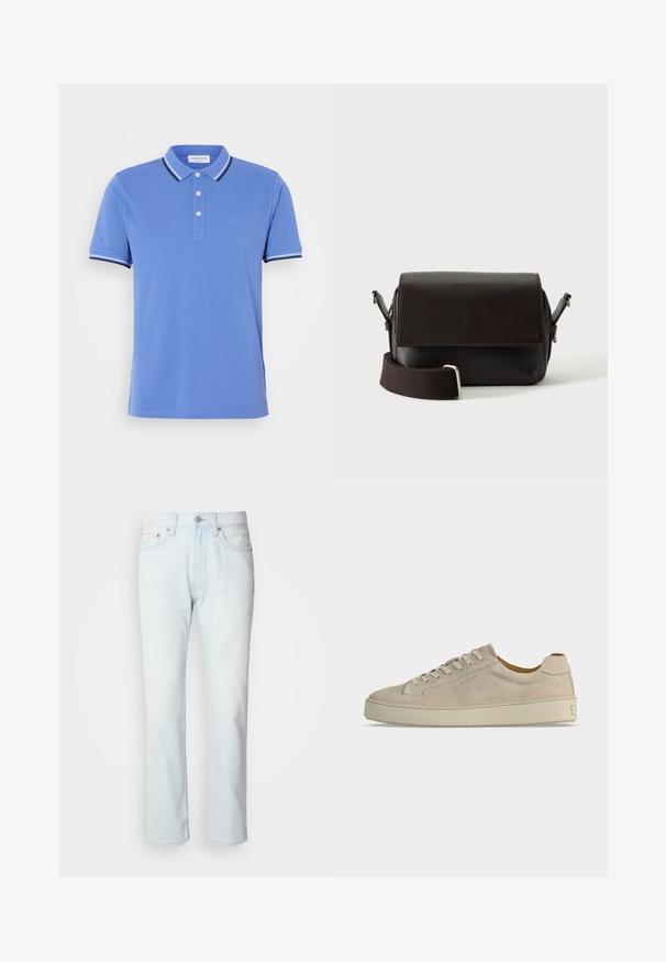 Blauwe poloshirt van katoen met een drieknoopsluiting, contrasterende witte en marineblauwe strepen op de kraag en de mouwuiteinden.; Lichtblauwe denim jeans met een rechte pijp. Voorzien van een knoopsluiting en riemlussen, met een vervaagde textuur en minimale stiksels.; Beige suède lage sneaker met vetersluiting en dikke rubberen zool, gezien vanaf de zijkant op een effen witte achtergrond.; Donkerbruine leren schoudertas met klepsluiting en verstelbare stoffen riem op witte achtergrond.