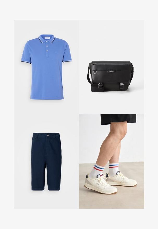 Blauwe poloshirt van katoen met een drieknoopsluiting, contrasterende witte en marineblauwe strepen op de kraag en de mouwuiteinden.; Marineblauwe shorts van katoenstof met een rechte snit, een knoopsluiting en riemlussen. Heeft omslagranden en twee zijzakken.; Witte leren sneakers met geperforeerde zijpanelen, beige accenten en bruine rubberen zolen, gecombineerd met witte sokken met rode en blauwe strepen.; Zwarte textuur Lacoste schoudertas met verstelbare strap, voormep flap, ritszak en metalen gesp-sluiting.