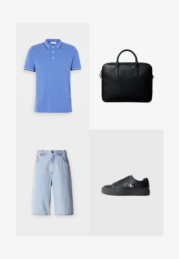 Blauwe poloshirt van katoen met een drieknoopsluiting, contrasterende witte en marineblauwe strepen op de kraag en de mouwuiteinden.; Lichtblauwe denim knielange shorts met knoop en ritssluiting aan de voorkant, riemlussen en zijzakken, getoond tegen een effen achtergrond.; Zwarte leren sneaker met een ronde neus, vlakke zwarte zool en tonale veters. Voorzien van een zilveren logo aan de zijkant, met een gladde textuur overal.; Zwarte gestructureerde leren aktetas met dubbele handvatten en zilveren ritstrekkers, gecentreerd op een witte achtergrond.