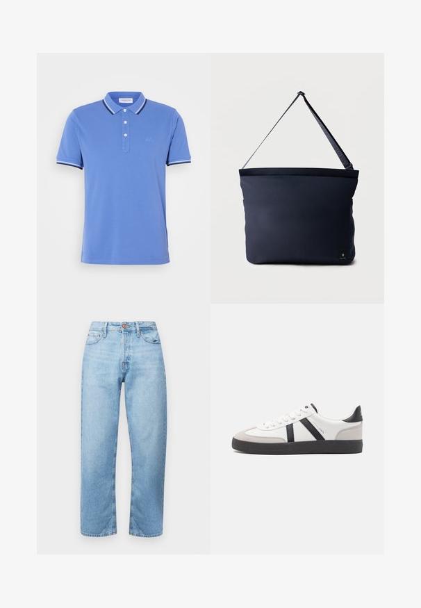 Polo-shirt bleu en coton avec une patte de boutonnage à trois boutons, rayures blanches et bleu marine contrastantes sur le col et les ourlets des manches.; Jean en denim bleu clair avec une coupe droite, design cinq poches et fermeture à bouton. Texture lisse et décoloration minimale avec des accents cousus.; Baskets blanches avec des accents noirs et gris, présentant un embout texturé gris, une semelle en caoutchouc noir et des lacets plats blancs. Design épuré, style minimaliste.; Sac d'épaule rectangulaire bleu marine avec sangle noire réglable et petite étiquette logo noire en bas à droite.