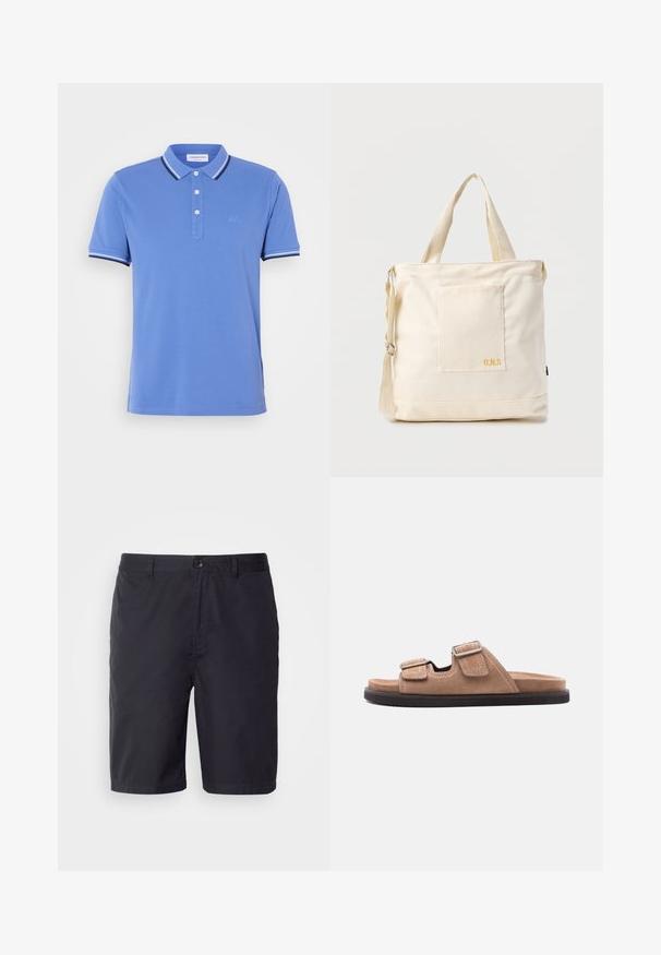 Polo azul de algodón con una abertura de tres botones, con rayas contrastantes en blanco y azul marino en el cuello y los puños de las mangas.; Pantalones cortos azul marino hechos de algodón ligero, con cierre de botón, trabillas para cinturón y un corte recto por encima de la rodilla.; Sandalia tipo slide de ante marrón con suela negra, cuenta con dos correas ajustables con hebillas y detalle de costura blanca, vista lateral sobre fondo blanco.; Bolsa tote de lona color crema con bolsillo delantero, dos asas, correa de hombro ajustable y pequeño texto amarillo "O.N.S" en la parte inferior derecha del bolsillo.