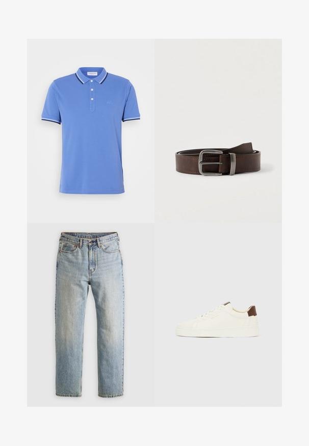 Blå polo skjorte lavet af bomuld med en tre-knaps lukning, med kontrasterende hvide og marineblå striber på kraven og ærmeslidsene.; Lysblå denim jeans med høj talje, frontknap, lynlås og fem-lomme design, lagt fladt på en neutral baggrund.; Hvid lav sko med cremefarvede snørebånd, en brun hæltab og gyldent "GANT"-logo på siden, vist i profil mod en ensfarvet baggrund.; Mørkebrunt læderbælte med sølv rektangulært spænde, rullet og placeret mod en lys neutral baggrund.