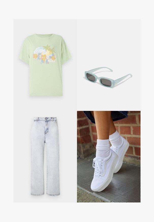 T-shirt manches courtes vert clair avec un graphique de vague et de fleur, portant le nom de la marque "ROXY" en blanc. Matériau en coton doux.; Jean en denim léger bleu clair à jambe large avec taille haute, muni d'une fermeture à boutons, d'un ourlet droit et d'une légère décoloration.; Baskets en toile blanches avec semelles en caoutchouc, dotées de six œillets, d'un bout rond et de détails de couture légers, portées avec des chaussettes blanches mi-mollet.; Une paire de lunettes de soleil rectangulaires avec des montures translucides bleu clair et des verres gris foncé, présentant des branches droites et des détails matériels minimaux.