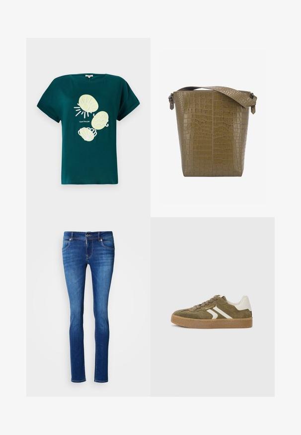 Teal katoenen t-shirt met een afbeelding van een zon en schelpen in lichtgeel en wit, met een relaxte pasvorm en opgerolde mouwen.; Slim-fit spijkerbroek in diepblauw, met een klassiek ontwerp met vijf zakken, een knoopsluiting en subtiele contrasterende stiksels.; Olijfgroene sneakers met een geribbelde structuur, witte accenten en een rubberen zool. Beschikt over vetersluiting en een merklogo aan de zijkant.; Olijfgroene leren tote bag met krokodillenpatroon, een platte bodem, een brede opening en een verstelbare riem met zilverkleurige hardware accenten.