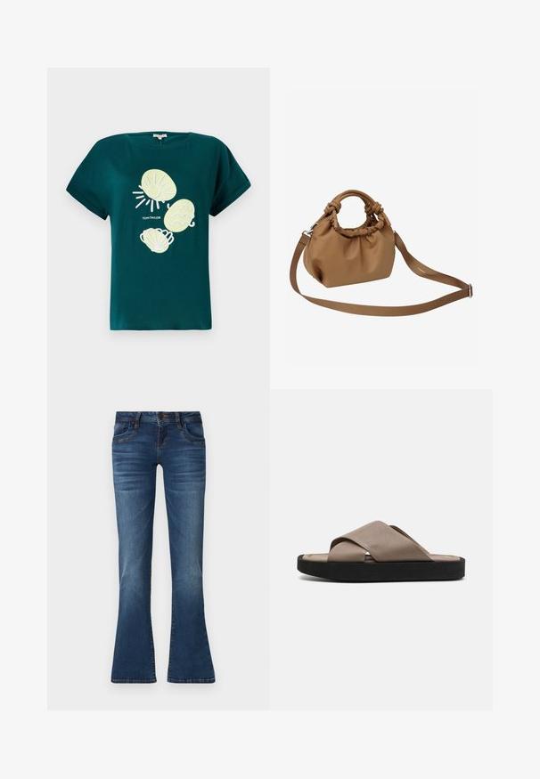 Tropfenvor einer Grafik mit einer Sonne und Muscheln in hellgelb und weiß, aus Baumwolle. Sie hat eine entspannte Passform und umgeschlagene Ärmel.; Blaue Jeans aus Denim mit leicht ausgestelltem Bein, vorderen Knopfschluss, Taschen und dezenten Ausbleichungen an Oberschenkeln und Knien.; Braune Leder-Sandalen zum Hineinschlüpfen mit einem Kreuzgurt-Design und einer strukturierten Oberseite. Die schwarze Gummisohle sorgt für Kontrast und Haltbarkeit.; Braune Beuteltasche aus strukturiertem synthetischem Material, mit gerafftem Oberteil, verknoteten Griffen und verstellbarem Riemen.