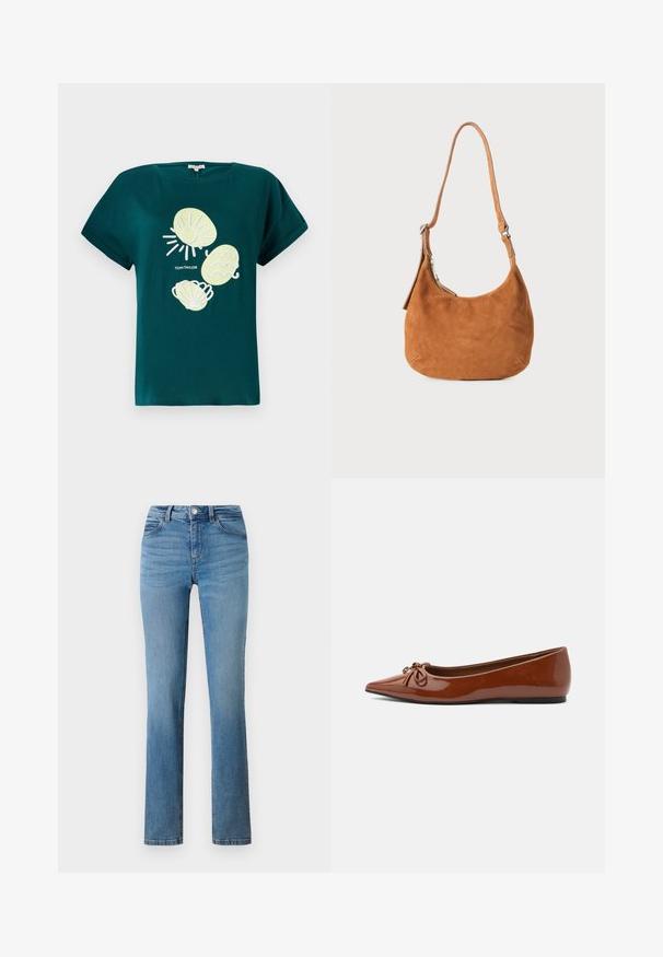Teal katoenen t-shirt met een afbeelding van een zon en schelpen in lichtgeel en wit, met een relaxte pasvorm en opgerolde mouwen.; Lichtblauwe denim jeans met een rechte pijp, voorzien van een ritssluiting, knoopsluiting en gestikte zakken aan de voor- en achterkant.; Bruine lakleren ballerina's met puntige neus, een strikdetail bovenop en een dunne zwarte zool.; Tan suède schoudertas met een gebogen ontwerp, verstelbare schouderriem, metalen rits en een geperst logo op de voorkant.