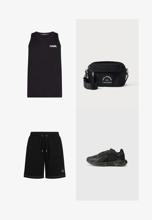 Sort ærmeløs tanktop lavet af glat bomuldsstof, der har et hvidt "KARL" logo på venstre bryst. Enkel, lige design.; Sorte shorts lavet af blødt stof, med elastisk waistband og snor, sidelommer og kontrasterende hvid syning.; Sorte sneakers med en bølget tekstur og grå detaljer. Har en snørebåndsdesign og en chunky, skulptural sål. Branding er synlig på siden.; Sort nylon crossbody taske med lynlås, justerbar rem og et hvidt mærke med teksten "Karl Lagerfeld Paris." Kompakt design.