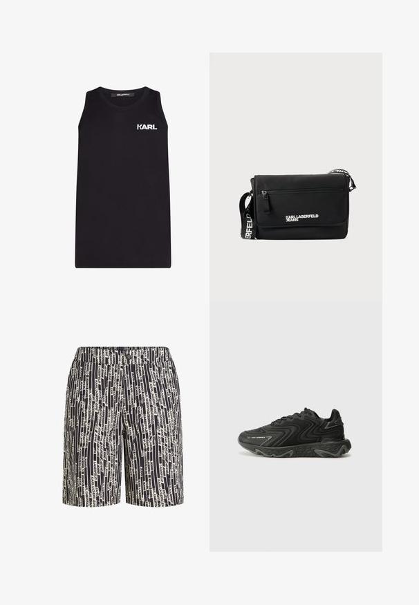 Schwarzes ärmelloses Tank-Top aus glattem Baumwollstoff, mit einem weißen "KARL"-Logo auf der linken Brust. Einfaches, gerades Design.; Schwarz-weiße Shorts mit wiederholtem Textmuster. Hergestellt aus Stoff mit glatter Textur. Standardbund mit Knopfverschluss.; Schwarze Sneaker mit einer wellenförmigen Textur und grauen Akzenten. Sie besitzen ein Schnürdesign und eine klobige, skulptierte Sohle. Die Markenkennzeichnung ist an der Seite sichtbar.; Schwarze Umhängetasche aus glattem Nylon. Verfügt über einen verstellbaren Riemen, eine vordere Reißverschlusstasche und ein weiß aufgedrucktes Logo. Rechteckige Form mit minimalistischem Design.