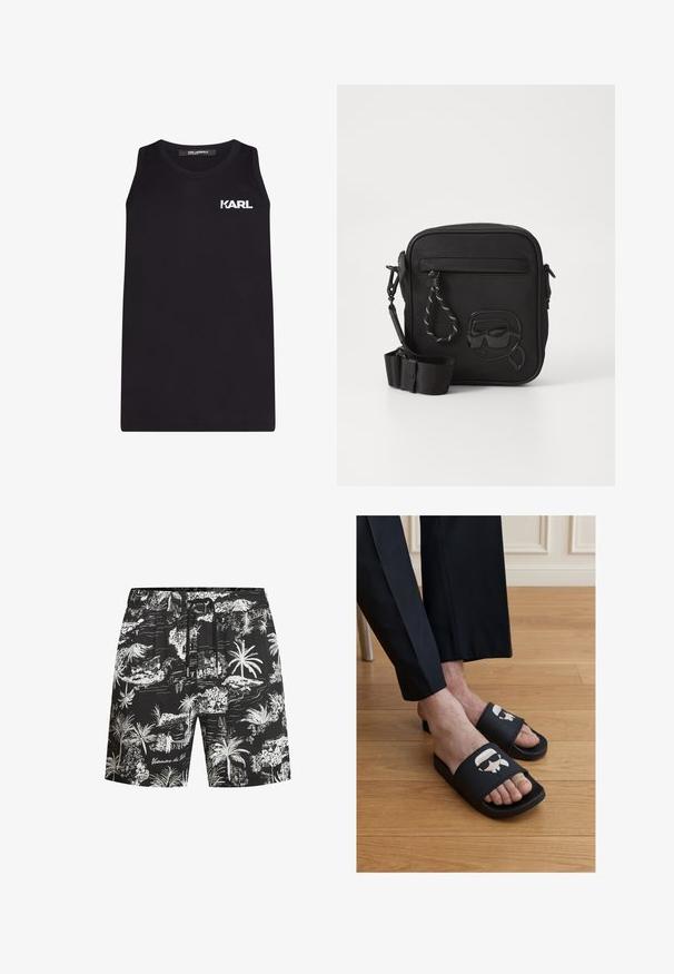 Zwart mouwloos tanktop van glad katoen, met een witte "KARL" logo op de linkerborst. Eenvoudig, recht ontwerp.; Zwarte zwembroek met witte tropische patronen, waaronder palmbomen en kustgezichten. Elastische tailleband met trekkoord.; Voeten in zwarte slides met een cartoongezicht met zonnebril, gecombineerd met zwarte cropped broeken op een houten vloer.; Zwarte crossbody tas van textuur materiaal, met een voorvak en een gegraveerd ontwerp van een gezicht met een zonnebril. Inclusief verstelbare schouderriem.
