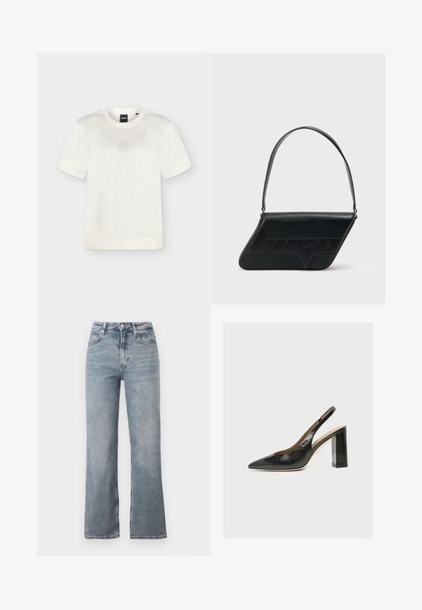 T-shirt blanc à manches courtes et col rond avec un motif discret à pois formant un carré sur la poitrine et une étiquette noire BOSS à l’intérieur du col.; Jean bleu clair taille haute à jambe droite avec bouton frontal, fermeture éclair et design classique à cinq poches.; Chaussure slingback femme en cuir noir avec bout pointu et talon bloc épais et haut sur fond blanc.; Sac d'épaule en cuir noir de forme triangulaire, avec un logo embossé et une seule bandoulière réglable. Design minimaliste avec une texture lisse.