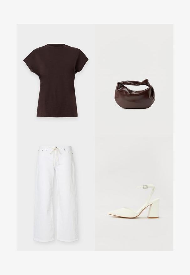 T-shirt à manches courtes et col rond de couleur marron foncé, avec des manches larges et un ourlet droit sur un fond clair uni.; Pantalon blanc à jambes larges avec poches avant et cordon beige à la taille, présenté sur un fond uni.; Sandale blanche à talon avec un bout pointu, sangle de cheville réglable et un talon carré épais. Texture lisse avec des détails de couture minimaux.; Sac bandoulière en cuir marron foncé avec une forme souple et décontractée et une anse nouée torsadée sur un fond blanc uni.
