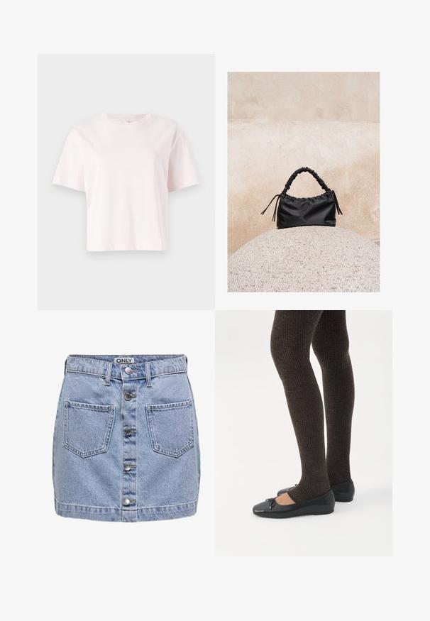 T-shirt rose clair, à manches courtes, cropped, en coton doux. Doté d'un col rond et d'une coupe décontractée. Pas de motifs ni de matériel visible.; Mini-jupe en denim bleu clair, avec cinq boutons sur le devant, deux poches plaquées et une texture légèrement déchirée. L'étiquette indique "ONLY."; Jambes portant des leggings côtelés foncés associés à des ballerines noires avec de petits détails en nœud sur fond blanc.; Sac à main noir froncé avec une poignée froncée, posé sur une sphère en pierre texturée devant un mur en béton beige.