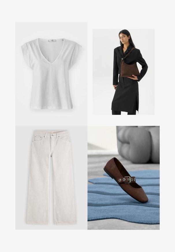 T-shirt blanc à col en V avec des manches courtes, fabriqué en coton doux. Il présente une coupe simple et une silhouette légèrement décontractée.; Jean en denim écru à jambes larges, avec poches avant, passants de ceinture, fermeture par bouton et braguette zippée.; Chaussure plate en daim marron avec bride à boucle reposant sur un tapis bleu texturé, avec un meuble gris capitonné en arrière-plan.; Femme portant un blazer noir et une jupe, tenant un grand sac à épaule en suede marron foncé contre un fond blanc.