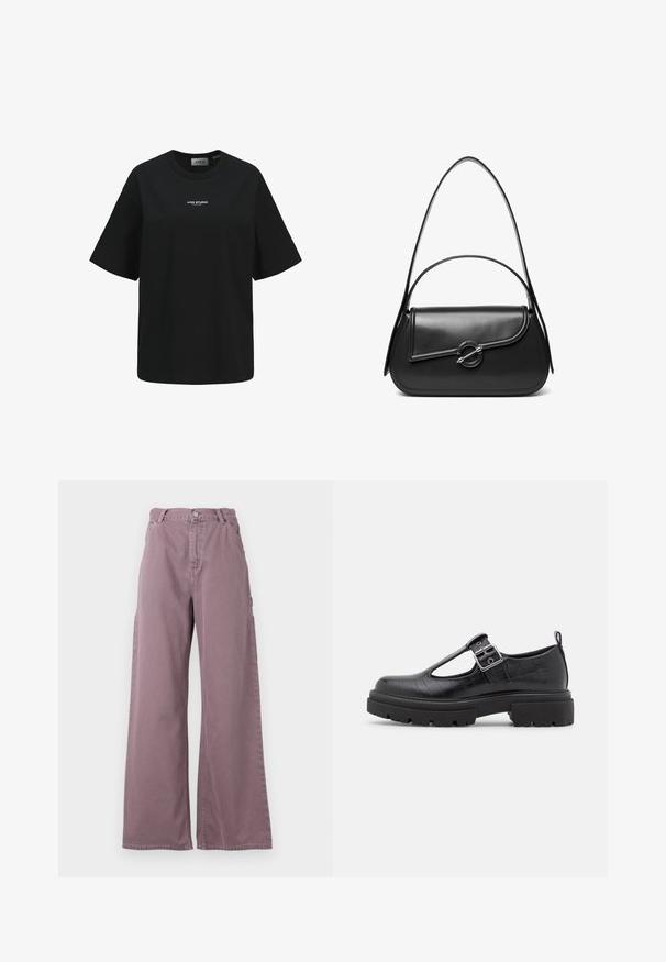 Musta lyhythihainen T-paita, jossa "JJXX STUDIO" on painettu pienellä valkoisella tekstillä rinnan keskelle.; Lösa byxor i dammig mauve bomull, med knappstängning fram, sidofickor och sydda detaljer längs sömmarna.; Musta tekonahkakengät, joissa on krokotiilinnuolen rakenne, pyöreä kärki, nilkkaremmillä varustettu malli metallisoljella ja paksu kumipohja.; Musta nahkainen olkalaukku, jossa on kaareva läppä, jonka kiinnittää pyöreä metallilukko, ja ohut, säädettävä hihna.