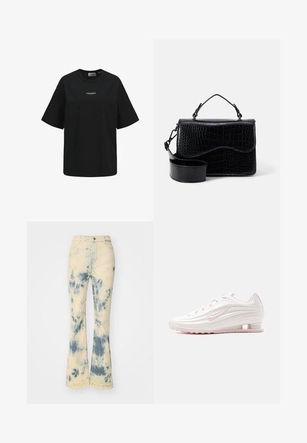 Schwarzes T-Shirt mit kurzen Ärmeln und dem Aufdruck "JJXX STUDIO" in kleinem weißem Text auf der Brustmitte.; Helle cremafarbene Schlagjeans mit einem blauen Batikmuster. Aus Denim mit einer leicht strukturierten Oberfläche und standardmäßiger Fünf-Taschen-Design.; Weißer und hellrosa Sneaker mit niedrigem Schaft, strukturiertem Obermaterial, pinkem Nike-Swoosh-Logo und transparenter Fersendämpfung.; Schwarze Kunstleder-Crossbody-Tasche mit strukturiertem Krokodilmuster, einem oberen Griff und einem verstellbaren Riemen. Merkmal: gebogene Klappenverschluss.