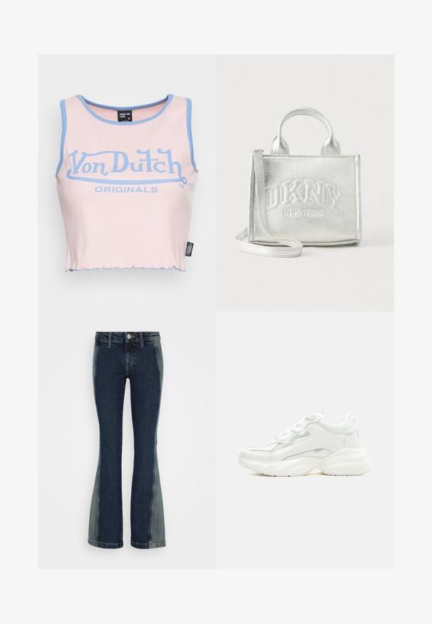 Roosa ribaga lühike topp helesinise äärega ja suure sinise "Von Dutch" logo. Omab toorõmblust ja sildikest küljel.; Weekday UTOPIA LOW WAIST - Alt laienevad teksad - worn blue two tone; Valged paksud tossud paksu tallaga, esiosal paeltega ja siledast sünteetilisest materjalist pealiskihiga, peenete õmblustega.; Väike metallik hõbedane käekott kahe sangaga, eemaldatava rihma ja esiküljel reljeefse "DKNY New York" logoga.