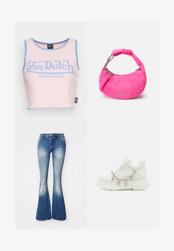 Top corto de canalé rosa con ribete azul claro y un gran logo azul de "Von Dutch". Presenta un dobladillo sin rematar y una etiqueta en el costado.; Jeans acampanados azules de mezclilla con un lavado desgastado. Incluyen una cintura ajustada, diseño de cinco bolsillos y ligero desgaste en los dobladillos.; Zapatillas blancas con suela gruesa, parte superior de cuero texturizado y cadena de metal decorativa con charms. Presentan cierre de cordones y cuello acolchado.; Bolso de ante rosa con forma curva, asas cortas acolchadas, herrajes plateados y el logo "Juicy Couture" en cursiva en la parte delantera.