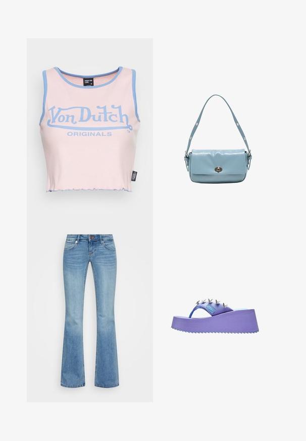 Roze geribbelde crop top met lichtblauwe afwerking en een groot blauw "Von Dutch" logo. Heeft een rauwe zoom en een label aan de zijkant.; Lichtblauwe denim flared jeans met vijf zakken, gestikte naden en een sluiting met een knoop aan de voorkant. Kenmerken zijn een vervaagde was effect en een rafelige zoom.; Paarse platform-flipflop-sandaal met zilveren vlinderversieringen op het bandje en een gestructureerde zool.; Lichtblauwe leren schoudertas met verstelbare band en zilverkleurige draaiknopsluiting op de voorklep.