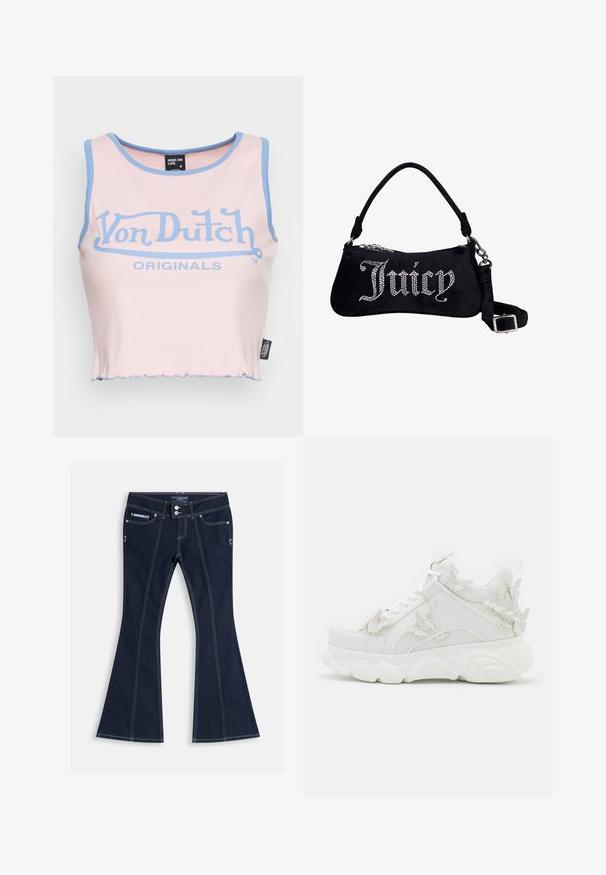 Lyserød ribbede crop top med lyseblå kant og et stort blåt "Von Dutch" logo. Har en rå kant og et label på siden.; Mørkeblå vidde jeans med hvide syninger, forlommer, bæltestropper og to sølvknapper i taljen.; Hvid chunky sneaker med tyk sål og dekorative 3D sommerfugle detaljer på siden, snørebånd og hæl.; Sort fløjl skuldertaske med "Juicy" stavet i rhinsten, med en kort håndtag og en aftagelig justerbar rem med sølvspænde.
