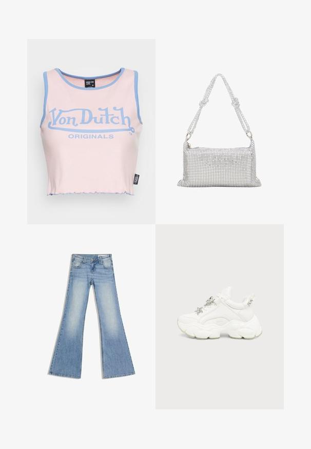 Rosa geripptes Crop-Top mit hellblauem Saum und einem großen blauen "Von Dutch"-Logo. Verfügt über einen rohen Saum und ein Etikett an der Seite.; Hellblaue Jeans aus Denim mit hoher Taille, vorderen Taschen und ausgestellten, weiten Beinen, flach auf einem weißen Hintergrund liegend.; Weißer klobiger Sneaker mit dicker, strukturierter Sohle, silbernem Stern und Schmetterlingsverzierungen auf weißen Schnürsenkeln sowie silbernen Nieten an der Fersenlasche.; Silbernes Netzhandtasche mit rechteckiger Form, verziert mit kleinen runden Pailletten, ausgestattet mit einem geflochtenen Tragegurt mit Knoten und einem Reißverschluss.