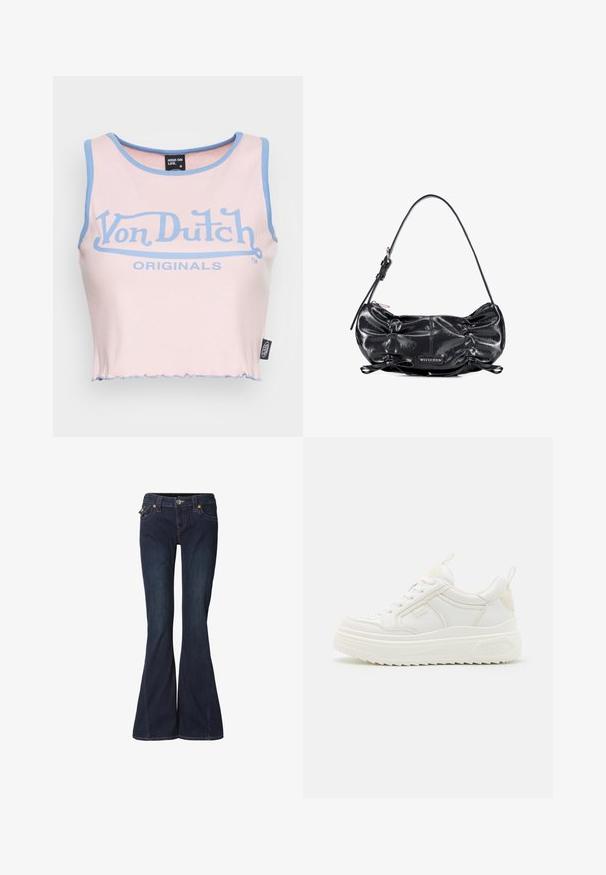 Rosa geripptes Crop-Top mit hellblauem Saum und einem großen blauen "Von Dutch"-Logo. Verfügt über einen rohen Saum und ein Etikett an der Seite.; Ausgestellte dunkelblaue Jeans aus Denim mit tailliertem Bund, zwei Vordertaschen und dezenten Stickdetails. Mit Knopf- und Reißverschluss.; Weiße Leder-Sneaker mit einer klobigen Sohle, Schnürdesign und dezentem Branding. Sie verfügen über eine glatte Textur und eine abgerundete Zehenpartie.; Schwarze glänzende Lederschultertasche mit gerafften Seiten, verstellbarem Träger, Reißverschluss und Wittchen Markenlabel vorne in der Mitte.