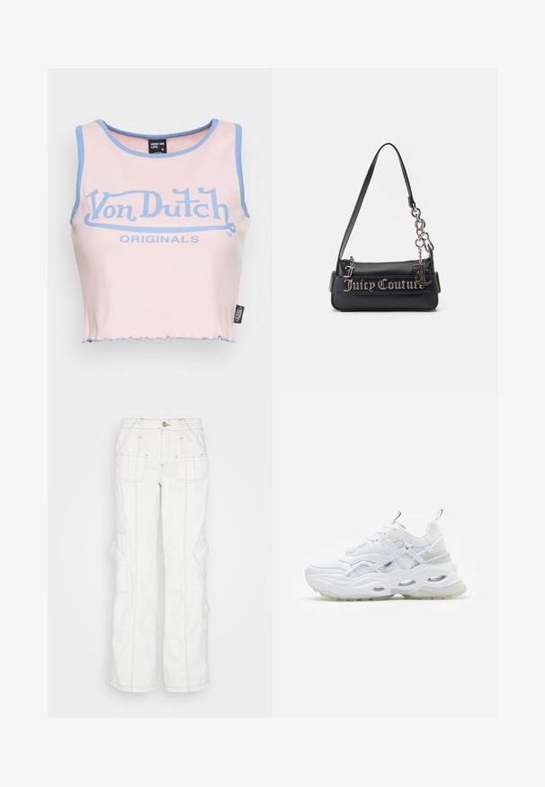 Top corto de canalé rosa con ribete azul claro y un gran logo azul de "Von Dutch". Presenta un dobladillo sin rematar y una etiqueta en el costado.; BDG Urban Outfitters Vaqueros boyfriend - white; Zapatilla blanca con suela gruesa, parte superior de malla y sintético en capas, con acentos estampados, sistema de cordones y tira de agarre.; Bolso de mano negro hecho de material sintético texturizado. Presenta una correa de cadena y el logo plateado "Juicy Couture" destacado en la parte frontal.