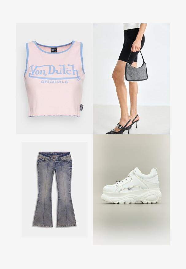 Lyserød ribbede crop top med lyseblå kant og et stort blåt "Von Dutch" logo. Har en rå kant og et label på siden.; Denim jeans med vidde i lys blå med falmede pletter, forlommer og kontrastsyning. Har lynlås og mærketalje.; Hvid platformsneaker med tyk klodset sål, snørebånd foran og Buffalo-brandlogo på siden, vist fra ydersiden.; Sort perlehandtaske med en buet silhuet, bærehåndtag og blank overflade. Båret med højhælede sorte sko og tætsiddende sorte shorts.