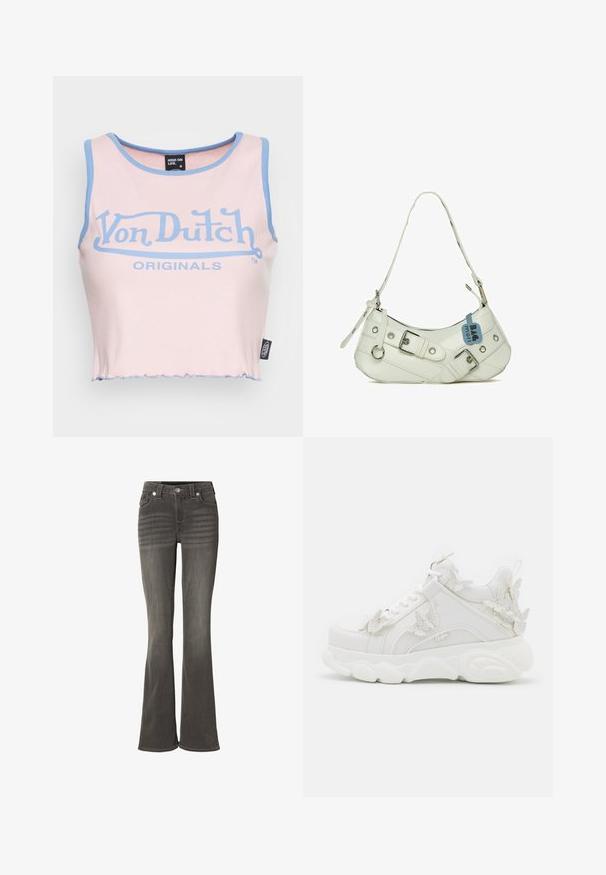 Roze geribbelde crop top met lichtblauwe afwerking en een groot blauw "Von Dutch" logo. Heeft een rauwe zoom en een label aan de zijkant.; Grijze flare jeans van denim, met een klassiek ontwerp met vijf zakken, zichtbare stiksels en een ritssluiting met metalen knoop.; Witte chunky sneaker met dikke zool en decoratieve 3D vlinderaccenten aan de zijkant, veters en hiel.; Witte synthetische handtas met een gebogen silhouet, verstelbare schouderband, decoratieve gesp, zilverkleurige hardware en een blauwe label eraan bevestigd.