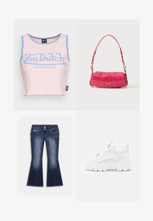 Top corto de canalé rosa con ribete azul claro y un gran logo azul de "Von Dutch". Presenta un dobladillo sin rematar y una etiqueta en el costado.; Vaqueros acampanados de mezclilla de color azul oscuro, con cinco bolsillos, costuras en contraste y cierre de botones con adornos decorativos en la parte delantera.; Zapatillas deportivas blancas y gruesas con un revestimiento texturizado, cuello acolchado y suela gruesa y estriada. Presentan cordones negros en contraste y un detalle de marca.; Pequeño bolso de hombro de piel rosa brillante con emblema de ala plateada y correa ajustable, cierre superior con cremallera, mostrado sobre fondo blanco.