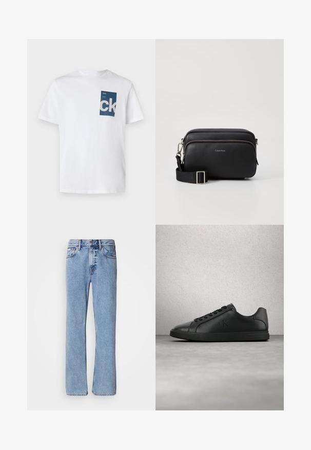 Weißes Baumwoll-T-Shirt mit einer blauen rechteckigen Tasche, die mit dem weißen 'ck'-Logo und Textdetails verziert ist. Kurze Ärmel, Rundhalsausschnitt, normale Passform.; Hellblaue Jeans aus Denim mit geradem Bein, fünf Taschen und Knopfverschluss. Nähte in der Nähe der Taschen und des Bundes.; Schwarzer Ledersneaker mit Schnürsenkeln und geprägt eingestelltem "ck"-Logo, der über einem grauen Boden nahe einer Glasblockwand schwebt.; Schwarze Leder-Crossbody-Tasche mit zwei Reißverschlussfächern, strukturiertem Finish, verstellbarem Tragegurt und silbernen Hardware-Details. Calvin Klein-Logo angebracht.