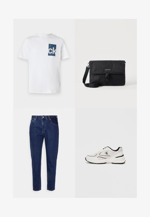 Camiseta de algodón blanca con un bolsillo rectangular azul que presenta el logo "ck" en blanco y detalles en texto. Mangas cortas, cuello redondo, ajuste regular.; Vaqueros de mezclilla azul oscuro de corte recto, con cierre frontal de botón y cremallera, trabillas para cinturón y bolsillos delanteros y traseros.; Zapatilla deportiva blanca con parte superior de malla y sintético, acentos en negro, suela contorneada y un logotipo prominente en el lateral.; Bolso mensajero negro de Calvin Klein con correa de hombro ajustable y solapa frontal asegurada con una hebilla, mostrado sobre un fondo liso.