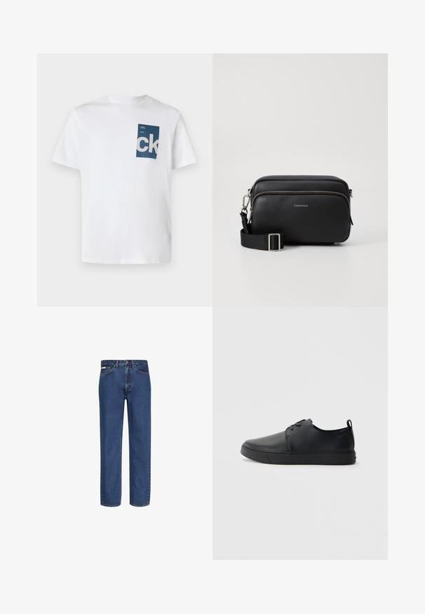 Camiseta de algodón blanca con un bolsillo rectangular azul que presenta el logo "ck" en blanco y detalles en texto. Mangas cortas, cuello redondo, ajuste regular.; Vaqueros azul rectos de mezclilla, con cinco bolsillos, cierre de botón y cremallera, y un desvanecimiento sutil en la tela.; Zapatilla negra de cuero con acabado suave, punta redondeada, costuras a tono, cordones en la parte delantera y suela de goma plana. Asa en el talón.; Bolso bandolera de cuero negro con dos compartimentos con cremallera, acabado texturizado, correa ajustable y acentos de hardware en plata. Logo de Calvin Klein exhibido.