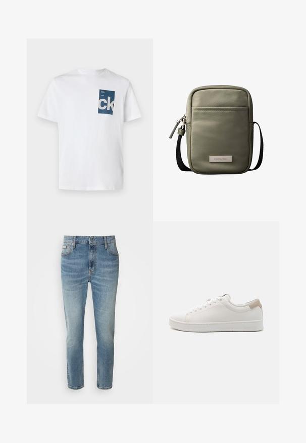 Camiseta de algodón blanca con un bolsillo rectangular azul que presenta el logo "ck" en blanco y detalles en texto. Mangas cortas, cuello redondo, ajuste regular.; Vaqueros de mezclilla azul claro con corte recto, cinco bolsillos y un ligero desgaste. Cuentan con un cierre de botón y cremallera, así como una cinturilla clásica.; Zapatillas blancas con parte superior de cuero suave, punta redonda, seis ojales y un acento en beige en el talón. Presentan una suela de goma blanca y un branding sutil.; Bolso bandolera compacto verde oliva con bolsillo frontal, correa negra ajustable, cierre de cremallera y placa con el logo de Calvin Klein.
