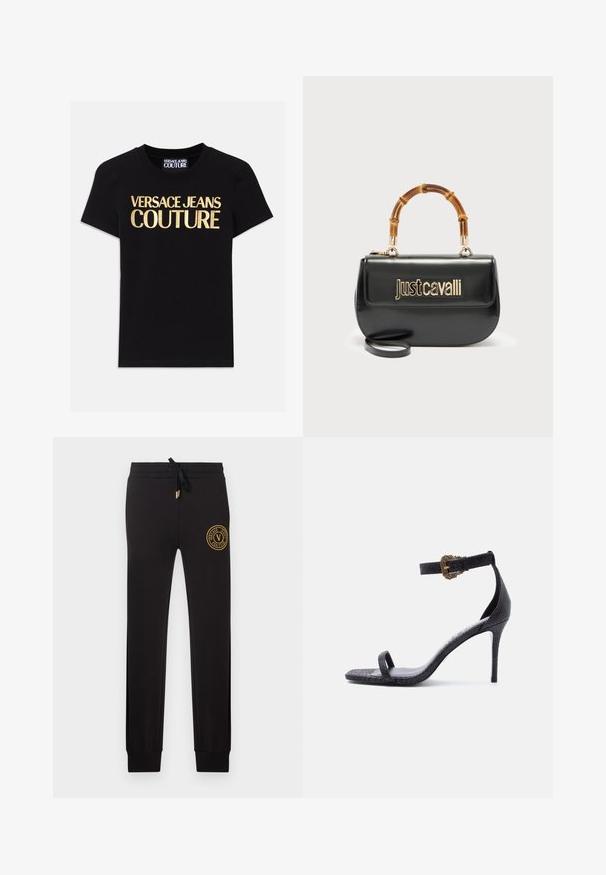 Mustapaita, jossa on iso "VERSACE JEANS COUTURE" -teksti kultaisella värillä edessä, lyhyet hihat ja pyöreä kaula-aukko.; Mustat kapealahkeiset verkkarit, joissa nyöri vyötäröllä ja kultainen Versace Jeans Couture -logoplaatti vasemmassa yläreiden kohdassa.; Musta korkokengän sandaali, jossa on ohut nilkkahihna koristeellisella kultaisella soljella ja yksittäinen varvashihna, kuvioitu nahkapinta.; Musta nahkainen käsilaukku, jossa kullanvärinen "Just Cavalli" -logo edessä ja kaareva bambukahva, mukana irrotettava pitkä hihna.