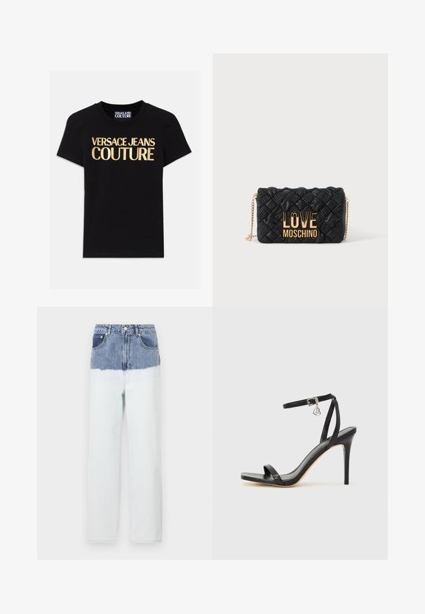 Mustmust must-särgid mustast puuvillast, mille esiküljel on suurte kuldsete tähtedega "VERSACE JEANS COUTURE", lühikesed varrukad ja ümmargune kaelus.; Teksasest sünteetilisest kiust teksad, mille ülaosas on sinine toon, mis fading'ib heledamaks allosas. Omab viit taskut, nööbiga sulgemist ja sirget säärte disaini.; Mustad kõrge kontsaga sandaal kitsaste pahkluu rihmadega, kandilise varbaosaga, siledast nahast ning metallist pandla aktsendiga.; Must quiltitud õlakott kuldse kettaga ja suur kuldne „LOVE MOSCHINO“ logo ees.