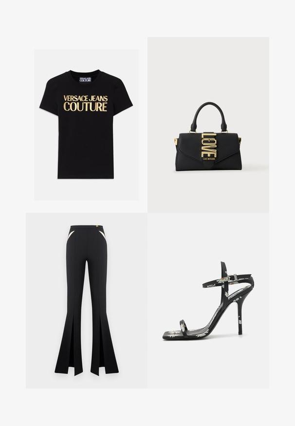 Mustmust must-särgid mustast puuvillast, mille esiküljel on suurte kuldsete tähtedega "VERSACE JEANS COUTURE", lühikesed varrukad ja ümmargune kaelus.; Mustad kõrge vöökohaga lõdvalt lehvivad püksid esilõhikutega ja beežide taskuaksentidega, millel vöökohal väike kuldne logodetail.; Mustad musta värvi kõrge kontsaga sandaalid ruuduotsaga, lillemustriga, peenete pahkluu rihmadega ja läikiva viimistlusega. Tuntav peen stiletto konts.; Must käekott ühe sangaga, kuldse kinnitusega, millel on sõna LOVE, ning "Love Moschino" brändinguga esiklapil.