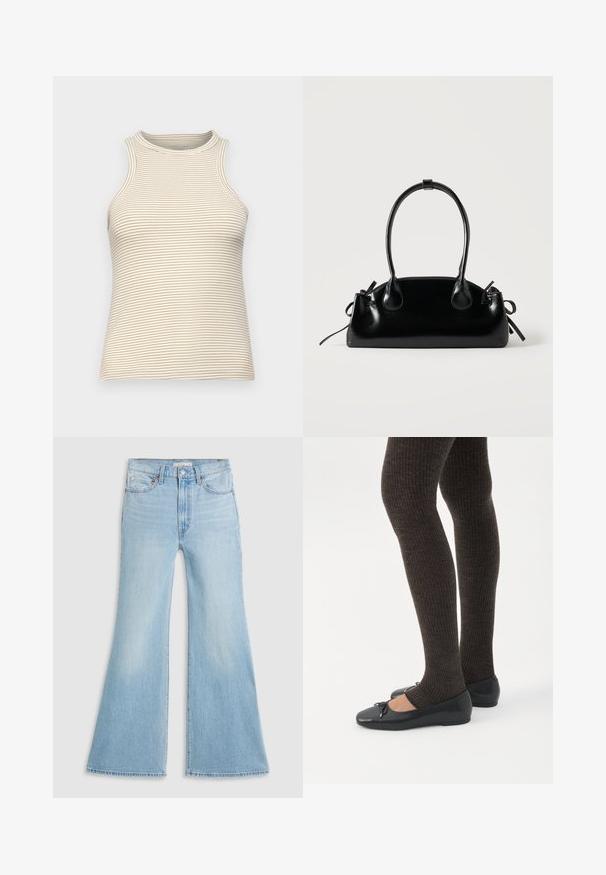 Top sans manches avec un col montant, fabriqué en tissu texturé avec de fines rayures horizontales beiges et blanches. Design ajusté, sans matériel visible.; Jeans évasés bleu clair à taille haute, en denim. Présentent un design classique à cinq poches et un ourlet brut aux poignets.; Jambes portant des leggings côtelés foncés associés à des ballerines noires avec de petits détails en nœud sur fond blanc.; Petit sac à main noir brillant avec deux longues anses et des détails à cordon sur les côtés sur un fond clair uni.