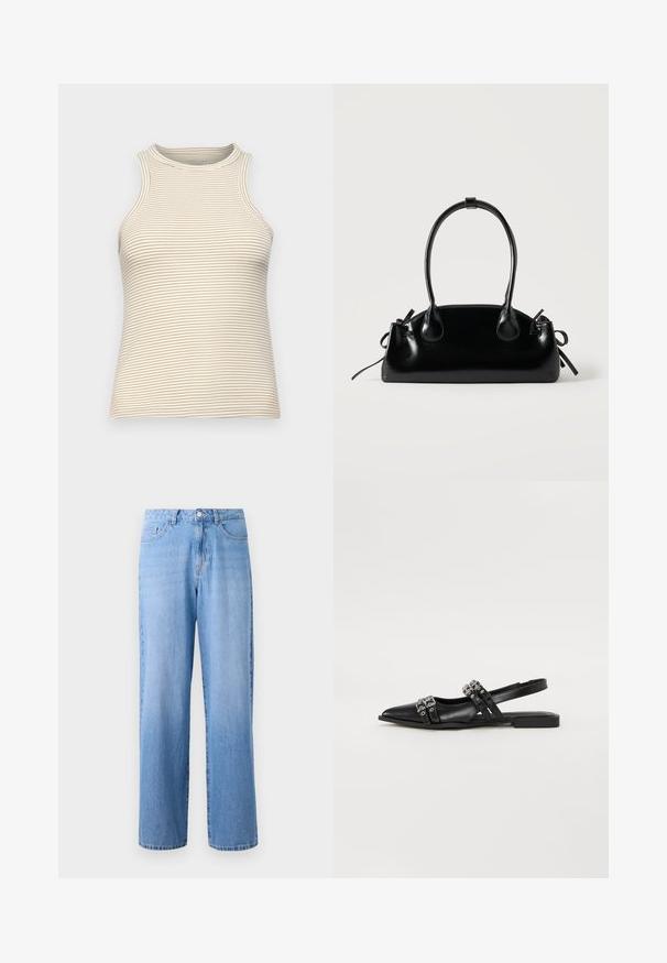 Top sans manches avec un col montant, fabriqué en tissu texturé avec de fines rayures horizontales beiges et blanches. Design ajusté, sans matériel visible.; Jean en denim bleu clair à jambes larges avec une taille haute, cinq poches et une fermeture à bouton classique. Le tissu a une texture légèrement décolorée.; Even&Odd by Zalando Ballerines à brides arrière - black; Petit sac à main noir brillant avec deux longues anses et des détails à cordon sur les côtés sur un fond clair uni.